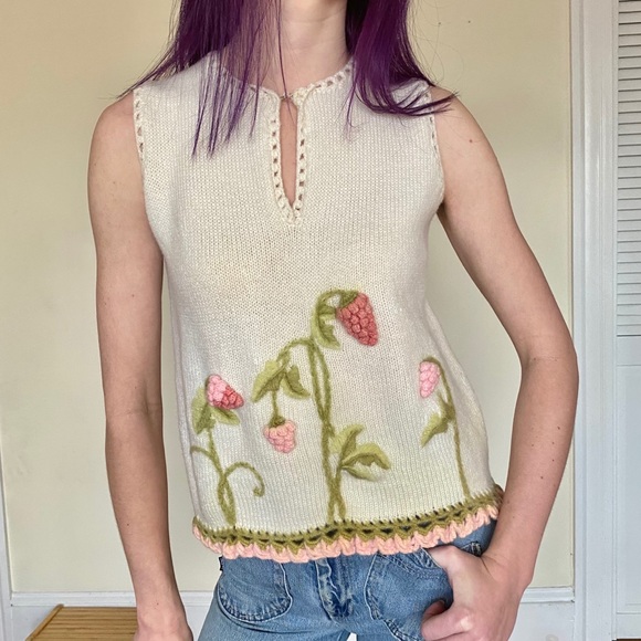 SOLD Cream Wool Knit Tank Sweater Pink Flower - Picture 2 of 13